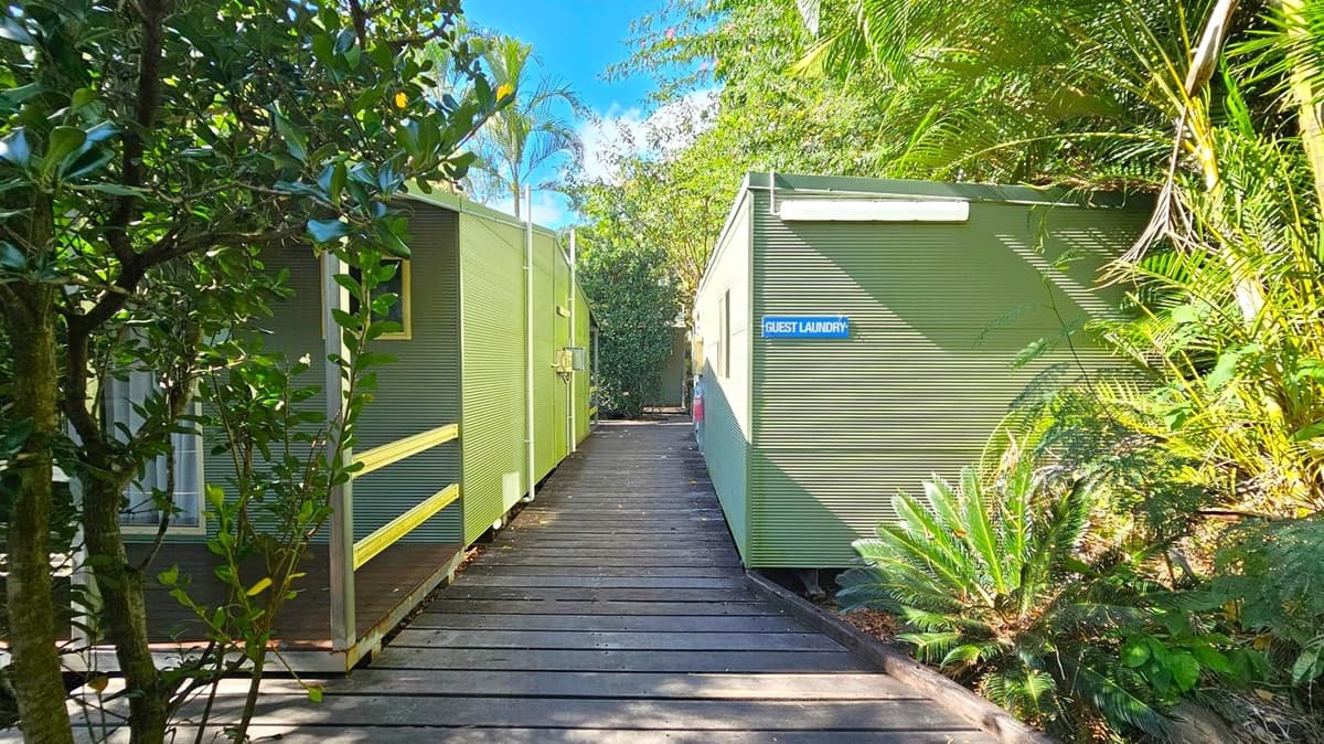 A wooden walkway leads between two green corrugated metal buildings. The building on the right has a sign reading "Guest Laundry". Lush greenery, including ferns and palm trees, surrounds the area. The path is shaded by the foliage, and sunlight filters through the leaves, creating dappled patterns on the ground.