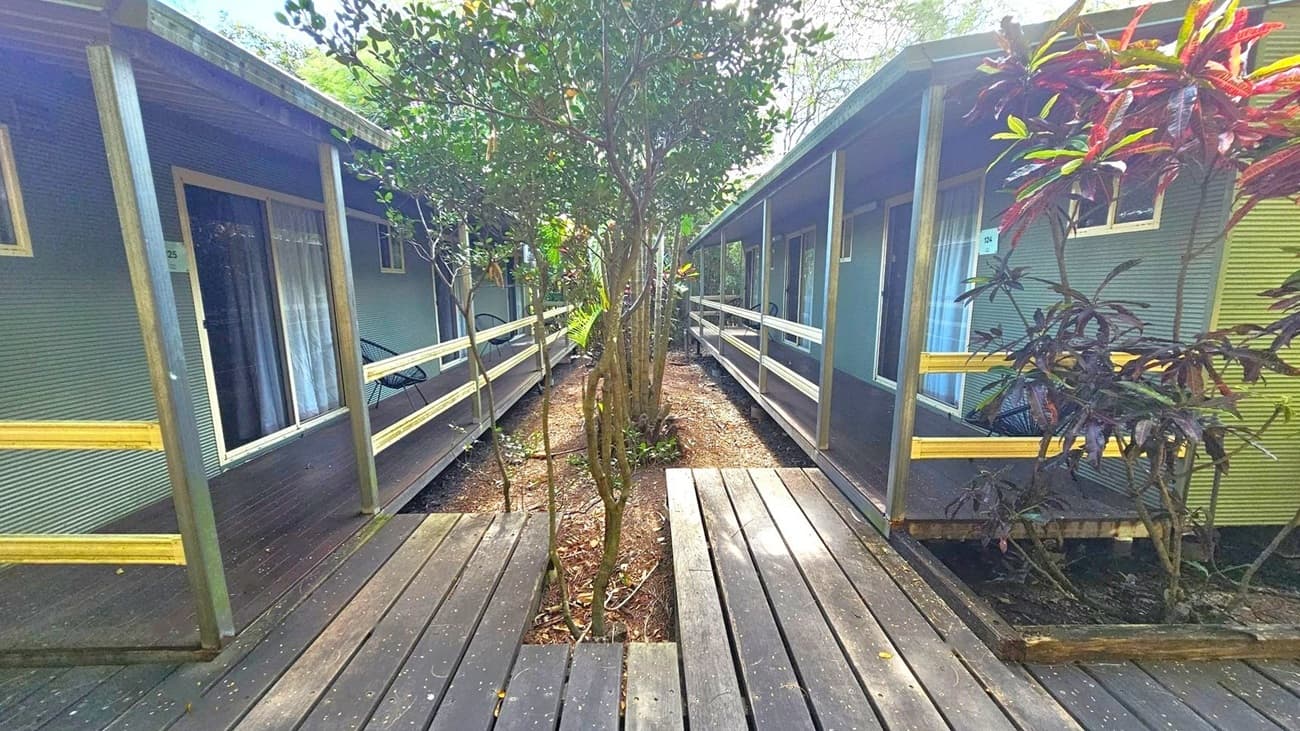 Wooden walkways lead to two parallel rows of cabins with corrugated metal walls and sliding glass doors. Each cabin has a small porch with a chair. In the centre, a narrow strip of earth features a tree and some plants. The cabins are surrounded by lush greenery, with additional plants visible on the right. The walkways are slightly weathered, and the area is shaded by the surrounding foliage.