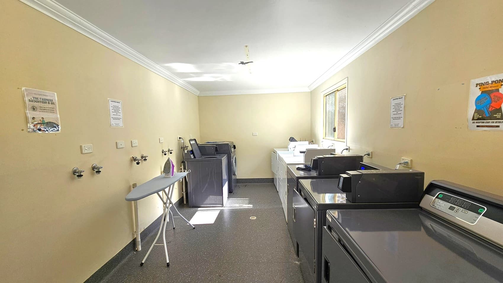 A laundry room with a dark speckled floor and light-coloured walls. On the left, there are several wall-mounted taps and an ironing board with an iron. On the right, a row of washing machines and dryers is visible, with a window above them allowing natural light in. Posters are on both walls, and the ceiling is plain with a small light fixture.