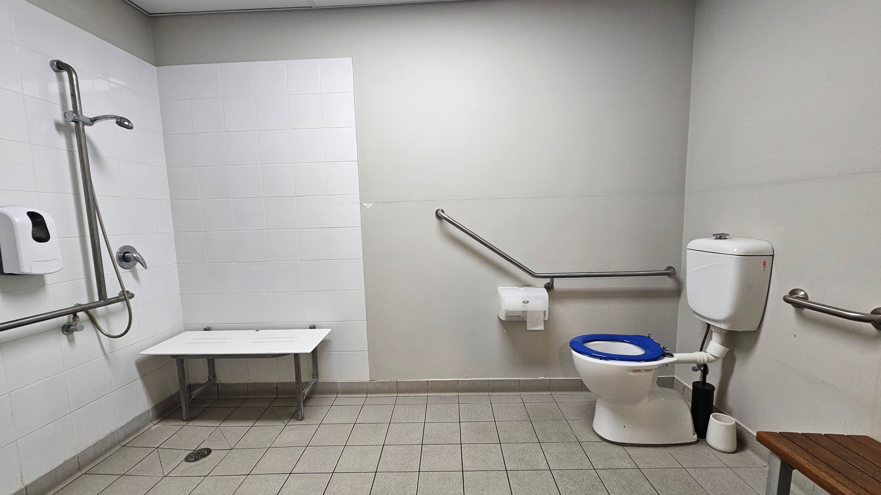 A bathroom with accessibility features. On the left, there is a shower area with a handheld showerhead and a wall-mounted soap dispenser. A foldable shower seat is attached to the wall. On the right, a toilet with a blue seat is equipped with grab bars on both sides. A toilet paper holder is mounted on the wall. The floor is tiled in light green with a drain near the shower area. The walls are a mix of white tiles and grey paint. The ceiling is plain white.