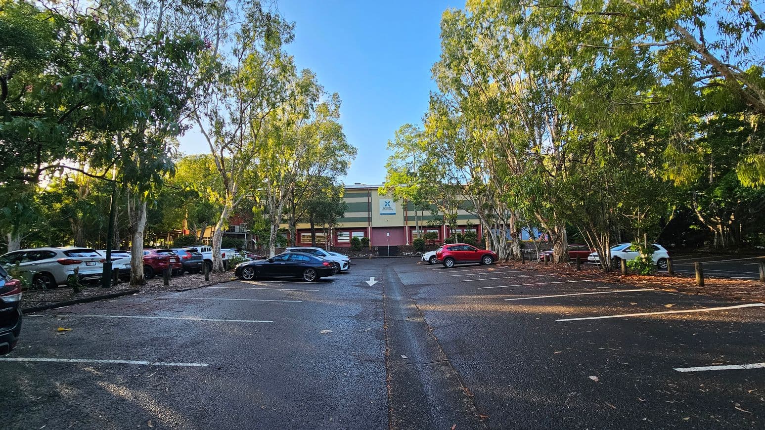 A car park with several vehicles is bordered by tall trees on both sides. The ground is paved with asphalt, marked with white lines for parking spaces. In the background, a two-storey building with a green and beige facade features a sign above the entrance. The area is open, with trees providing partial shade. A white arrow is painted on the ground, indicating the direction of traffic flow.
