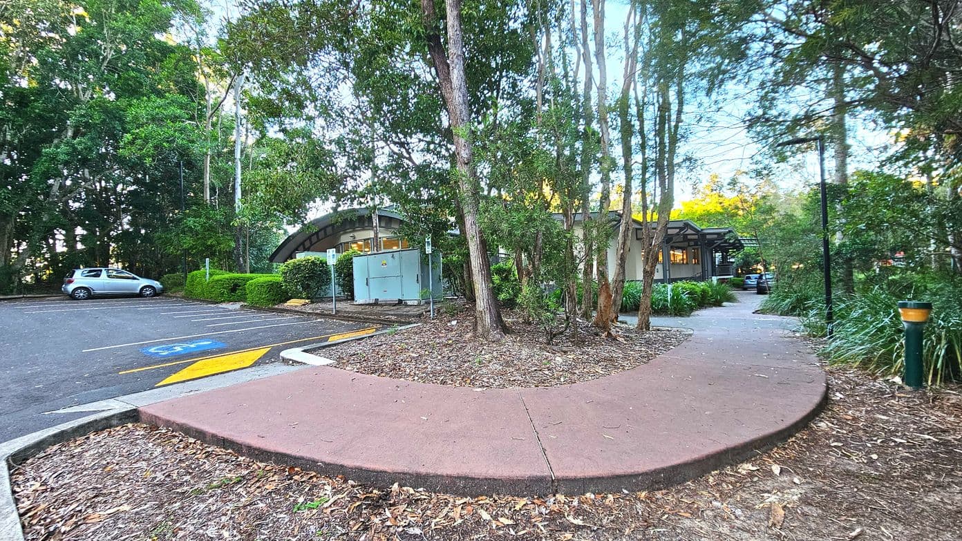 A curved pathway with a reddish surface leads through a wooded area towards a building with large windows and a curved roof. To the left, a car park with a marked disabled parking space is visible, bordered by dense trees. A green utility box is situated near the building. The area is surrounded by tall trees and shrubs, creating a semi-enclosed environment. A lamp post is visible along the path.