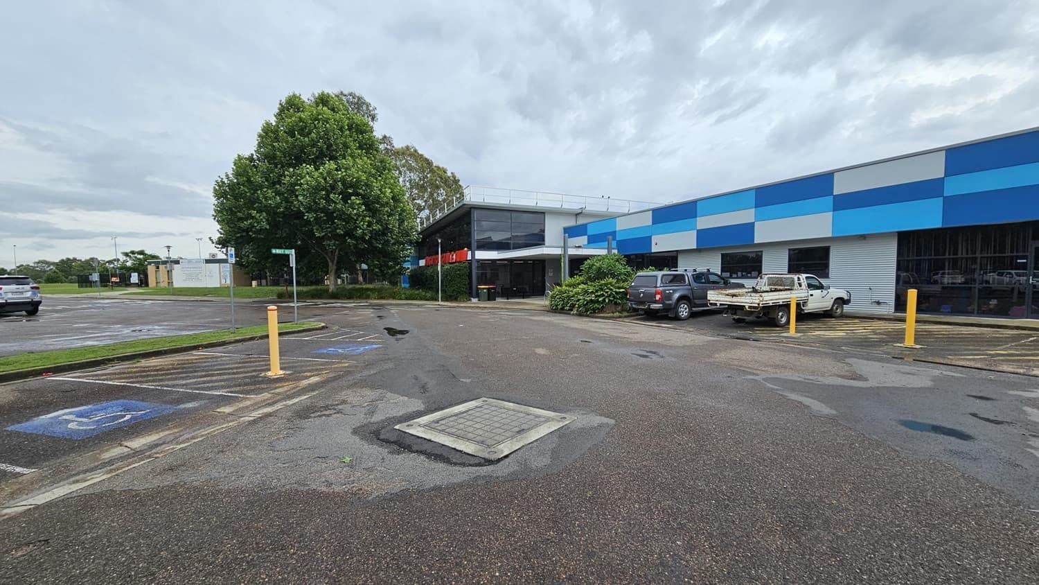 A car park with marked spaces, including disabled parking, is in the foreground. On the right, a building with a blue and white striped facade has several parked vehicles in front. In the centre, a small bush and a tree are near the building entrance. On the left, a large tree and a grassy area are visible, with a signpost nearby. The sky is overcast, and the ground appears wet.