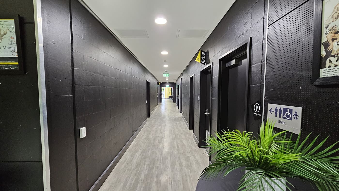 On the left, there is a black wall with a framed poster near the top. On the right, there is a black wall with a door marked with a toilet sign and a potted plant in the foreground. In the middle, there is a long corridor with a light grey wood floor leading to a distant area with a green exit sign above the door. The ceiling is white with recessed lights and ventilation panels.