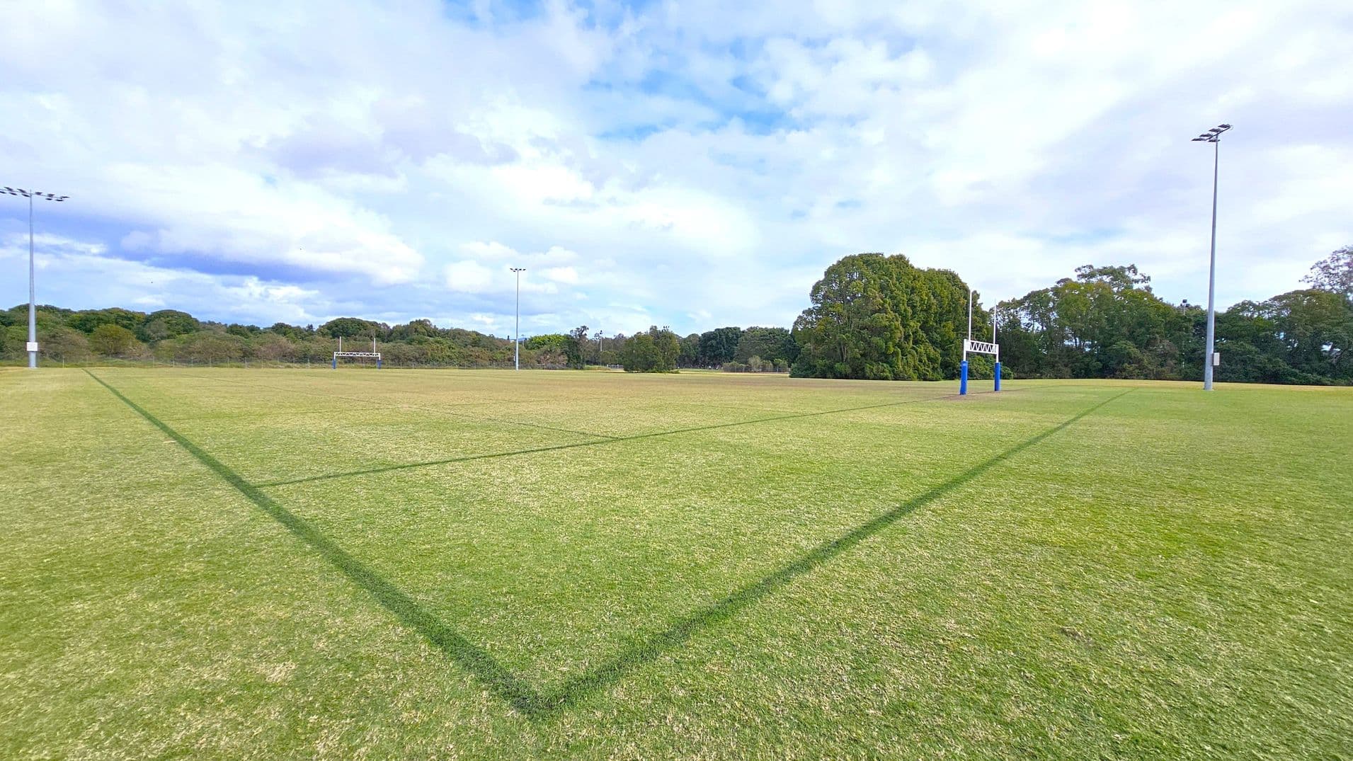 A grassy sports field with a rugby goalpost on the right, marked by blue padding. The field is lined with dark green markings. In the background, there are trees and shrubs, with tall floodlights on both sides of the field. The sky is overcast with patches of blue and white clouds.