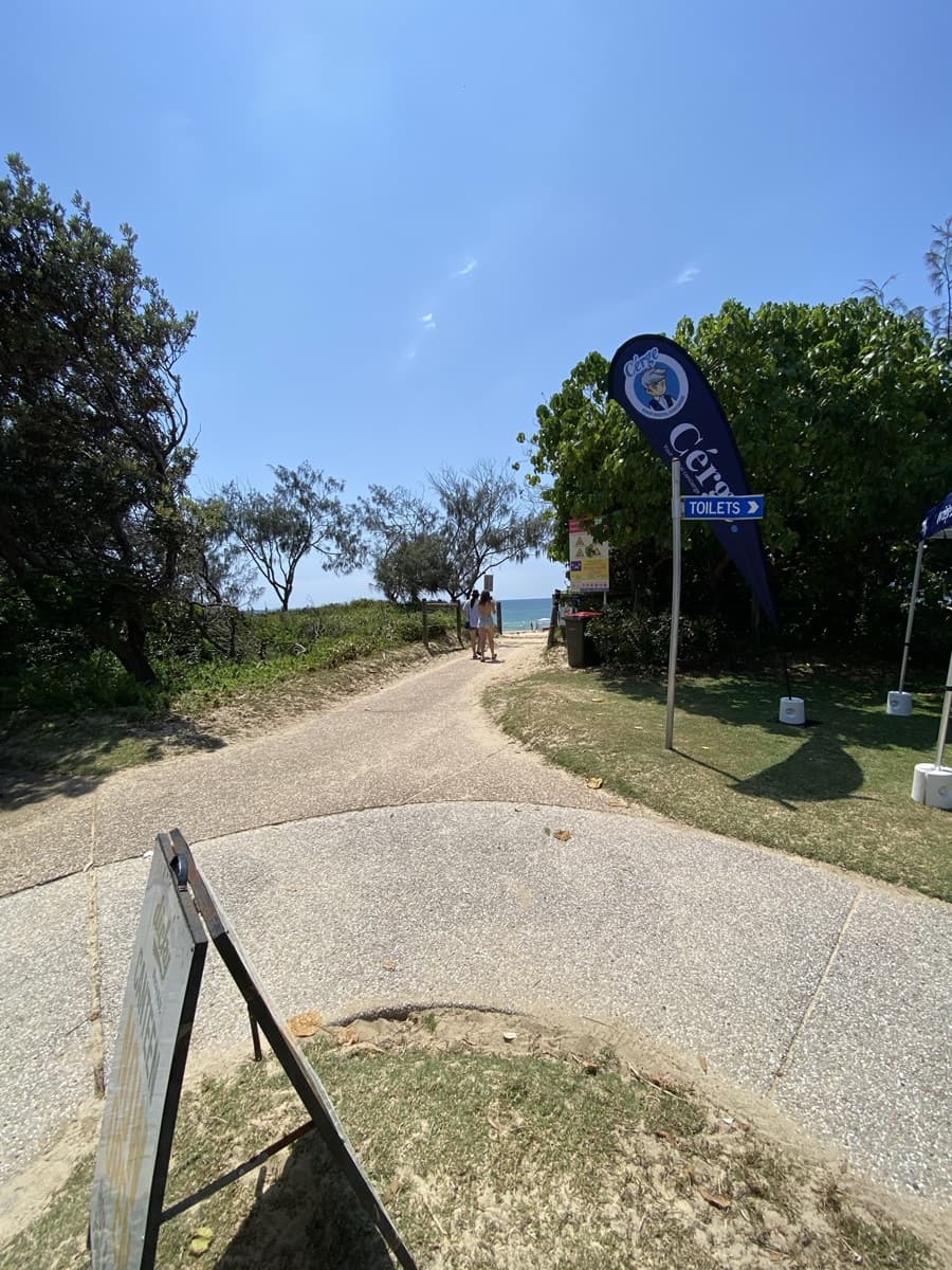 On the left, dense trees and bushes border a curved sandy path leading towards a grassy area. On the right, a blue flag marked "Toilets" stands next to a rubbish bin and lush green foliage. In the middle, a narrow, pale concrete pathway curves ahead with two people walking towards the water. The foreground consists of a section of textured concrete, trimmed grass, and part of an informational sign.