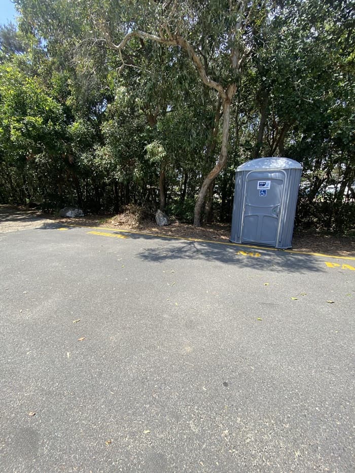 On the left, dense trees and shrubs form a shaded border with visible patches of dry ground at their base. On the right, a grey portable toilet is positioned on compacted soil near the edge of the tree line, marked by yellow painted parking bay lines on the ground. In the foreground, the floor consists of a dark asphalt surface with scattered light debris and faint shadows cast by the trees above.