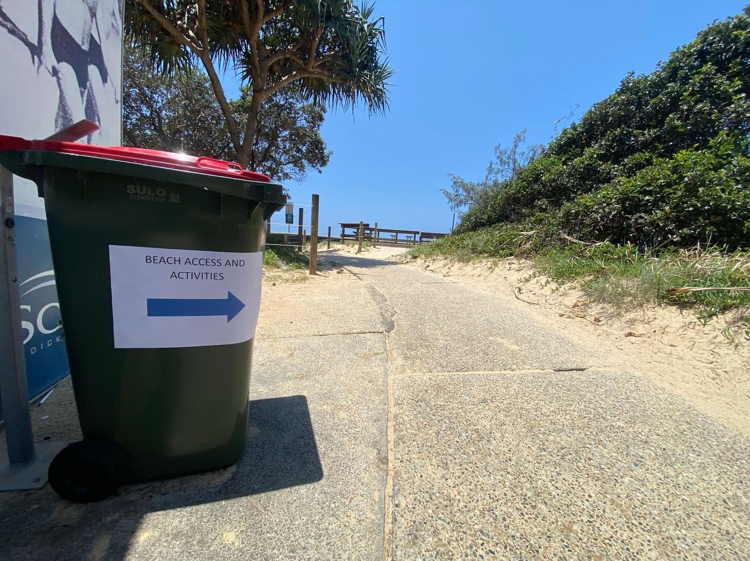 On the left, a green wheelie bin with a red lid stands beside a building, displaying a sign with "Beach Access and Activities" and an arrow pointing right. On the right, dense green shrubs and grass extend along a sandy slope. In the middle, a textured concrete path leads uphill, bordered by sand and grass, towards a wooden railing and a bench in the background. The floor transitions from concrete to sand, with patches of shadow near the bin.