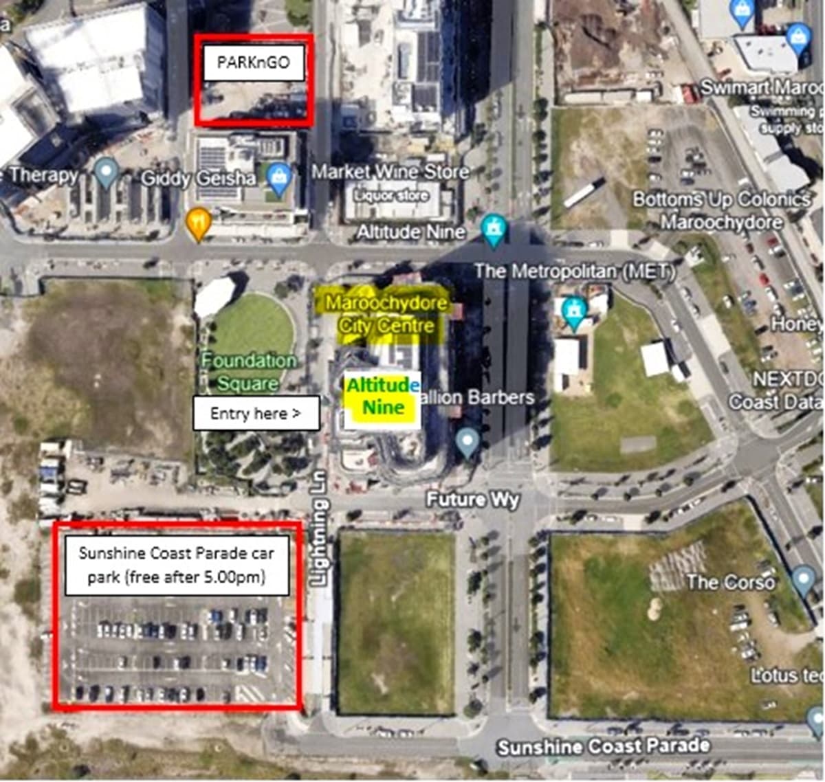 On the left, there is a red-outlined box labelled "Sunshine Coast Parade car park (free after 5.00pm)" with a parking lot visible. On the right, there is a red-outlined box labelled "PARKnGO" near a building. In the middle, there are several buildings including "Altitude Nine," "Maroochydore City Centre," and "Foundation Square," with pathways and green spaces around them. The background includes more buildings and streets. The foreground shows a road labelled "Sunshine Coast Parade."