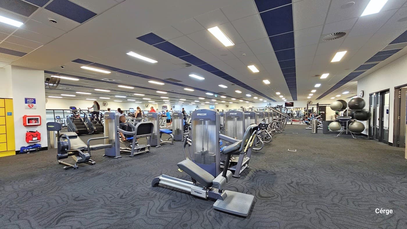 AquaPulse Gymnasium features an array of fitness equipment, including treadmills, rowing machines, and stair climbers neatly arranged in rows for easy access. Exercise balls are stored to the right, while a locker area and a wall-mounted fire extinguisher can be found on the left. The area has grey carpeting, and the white ceiling is equipped with centralized air conditioning and fluorescent lights.