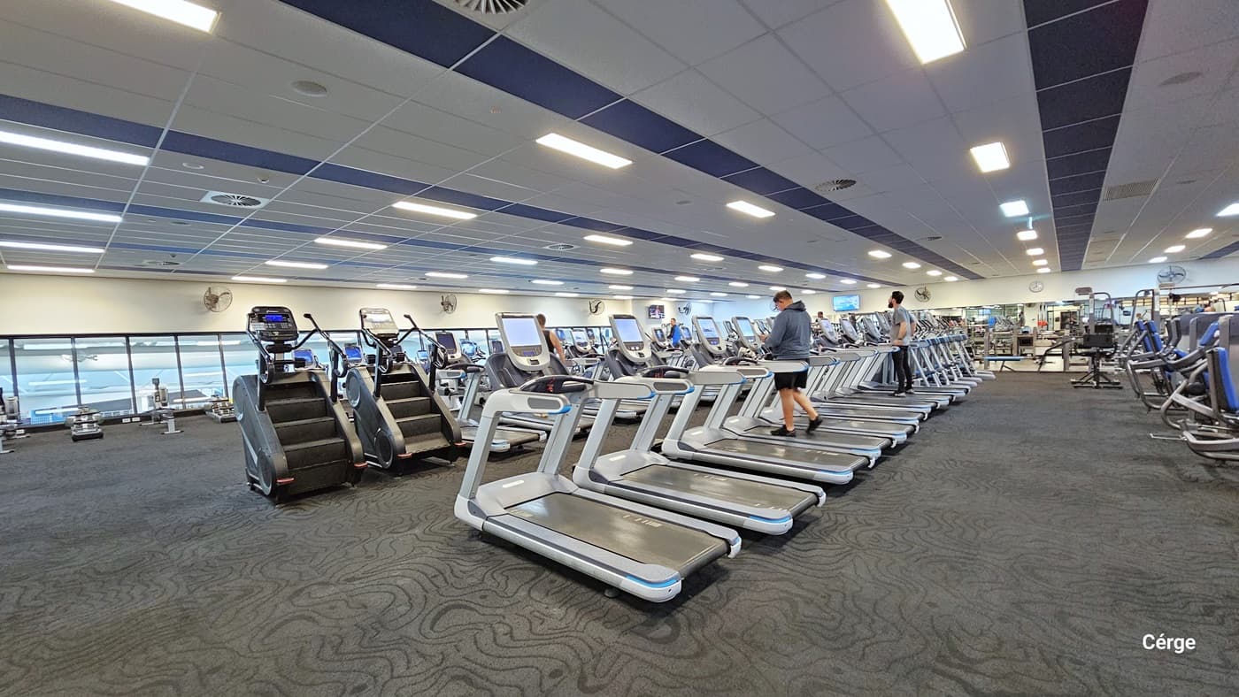 AquaPulse Gymnasium features rows of various fitness equipment like treadmills, rowing machines, and stair climbers. Additional exercise equipment is visible further to the left, with a glass wall on the left side. Several people are using treadmills. The area features grey carpeting, and the white ceiling is equipped with centralized air conditioning and fluorescent lights.