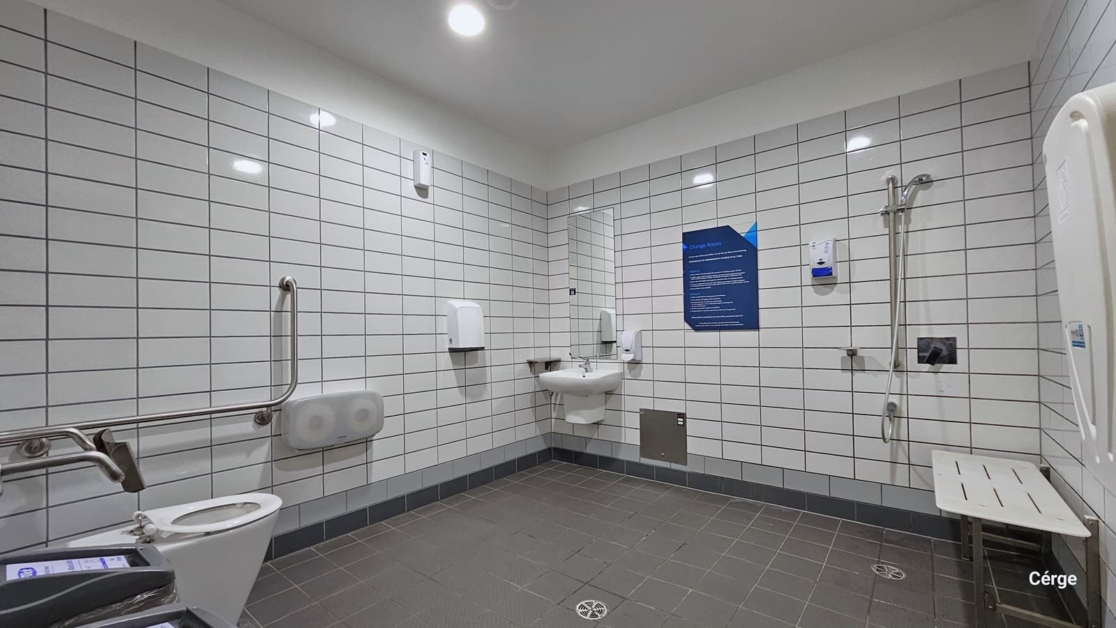 In the left corner, there is an ambulant toilet with metal handrails. Adjacent to it, there's a black rubbish bin and a tissue dispenser. On the left wall corner, there is a washbasin, a mirror, a hand dryer, and a liquid soap dispenser. In the right corner, there is a shower and a white bench. A foldable baby change table is mounted to the wall. The floor comes with matte black tiles, and the wall and the ceiling are entirely white. A poster bearing reminders is also visible.