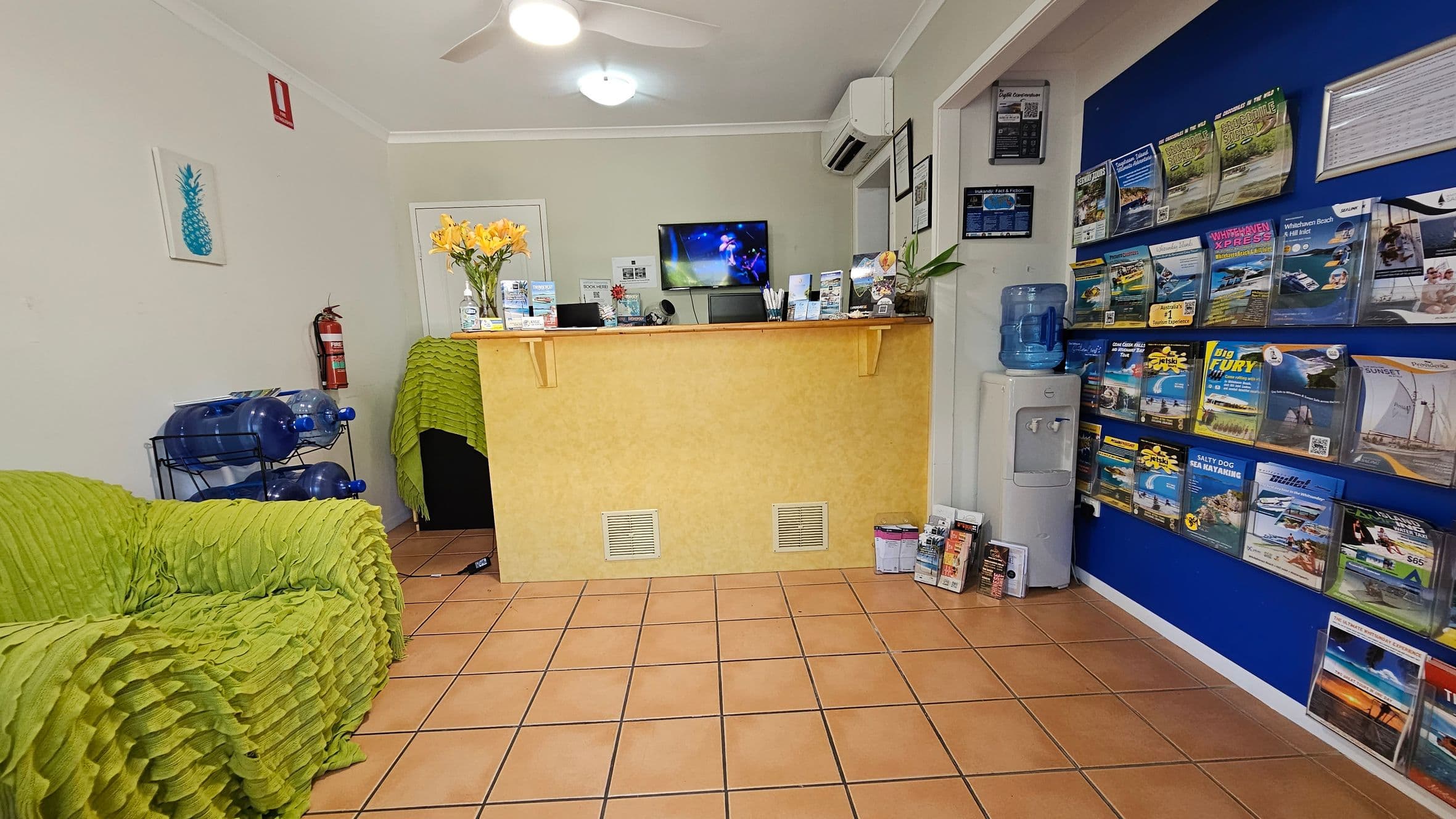 On the left, a lime-green textured sofa sits near a metal rack holding large blue water bottles. In the middle, there is a yellow reception desk with brochures, a vase of yellow flowers, and a wall-mounted television above it. On the right, a bright blue wall displays brochures in organised rows, alongside a water cooler. The floor is tiled in terracotta-style squares, and the ceiling is white with recessed lighting and a ceiling fan.