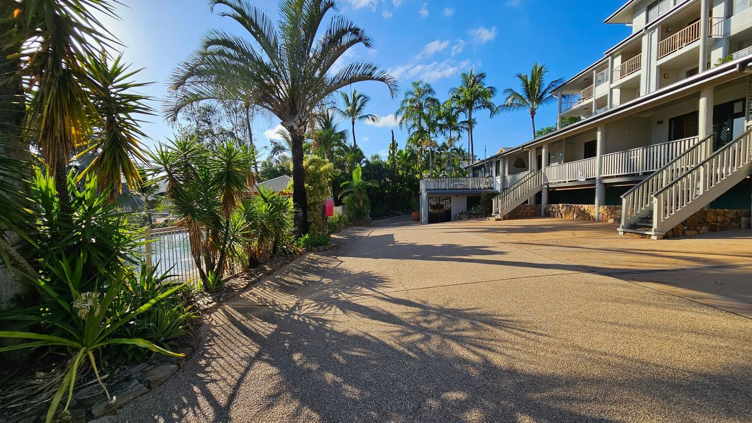 A paved driveway leads to a building on the right with multiple staircases and balconies. On the left, there are various palm trees and tropical plants casting shadows on the ground. In the background, more palm trees are visible, and a fence runs along the left side. The sky is clear and blue.