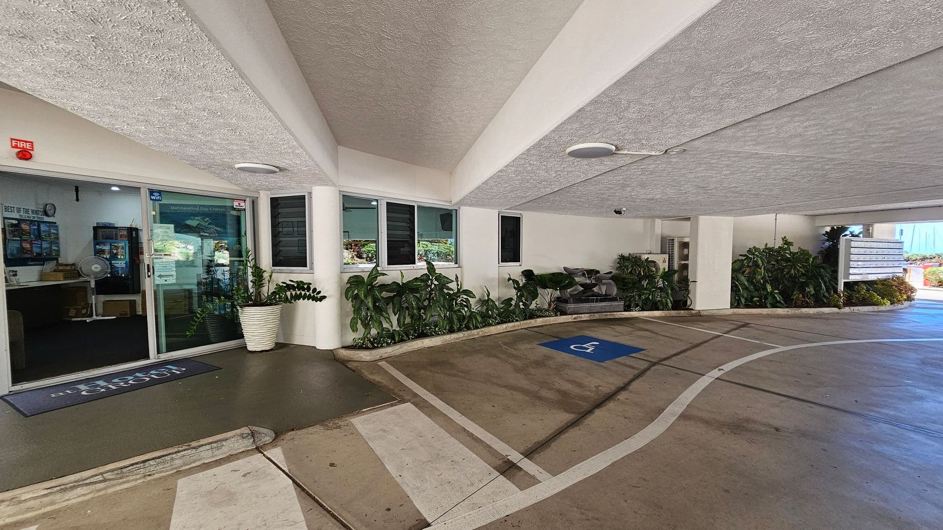 Entrance area with a sliding glass door on the left, leading to an office with brochures and a fan visible inside. A welcome mat is placed outside the door. Potted plants line the wall under several windows. A blue disabled parking space is marked on the concrete floor. The ceiling is textured, and there are more plants and a directory sign in the background.