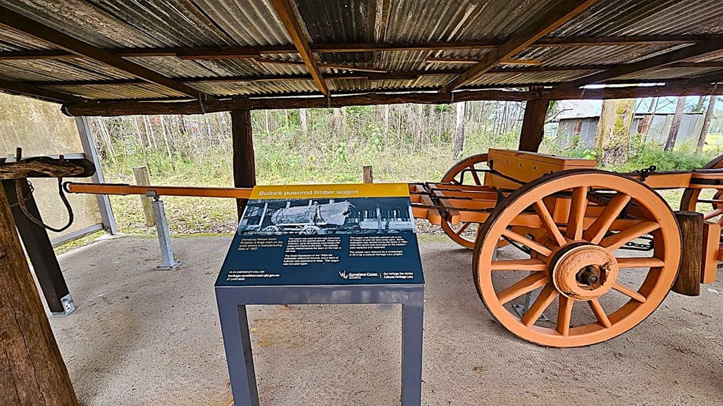 A rustic shelter with a corrugated metal roof houses a historical display. On the right, a large wooden wagon with orange wheels is visible. In the centre, an informational sign titled "Bullock powered timber wagon" provides details about the exhibit. The floor is concrete with scattered leaves. In the background, there are trees and a glimpse of a metal shed.