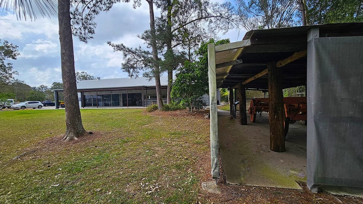 On the left, there's a grassy area with a large tree. In the background, a building with a grey roof and glass windows is visible, with several parked cars nearby. On the right, a wooden structure with a corrugated roof houses a red wagon. The ground is covered with grass and some fallen leaves, and there are more trees and bushes around the area.