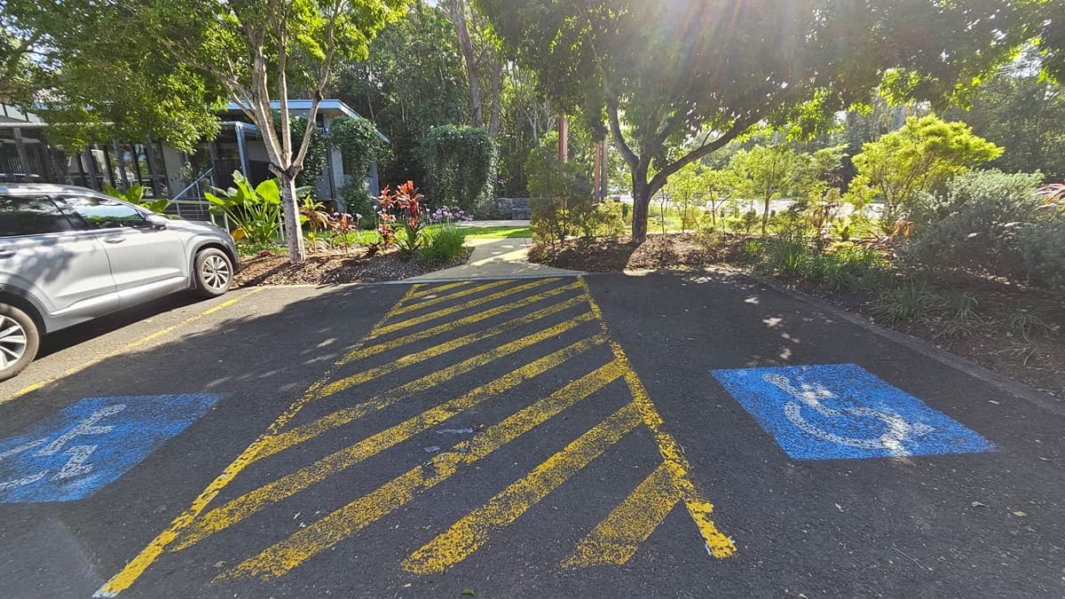 A tarmac parking area features blue disability symbols and yellow diagonal lines in the foreground. On the left, a silver car is parked in front of lush green plants and a modern building with glass windows. The right side is lined with more dense shrubs and trees casting shadows. Central to the image, a pathway leads through garden beds towards the background, where additional trees and foliage are visible.