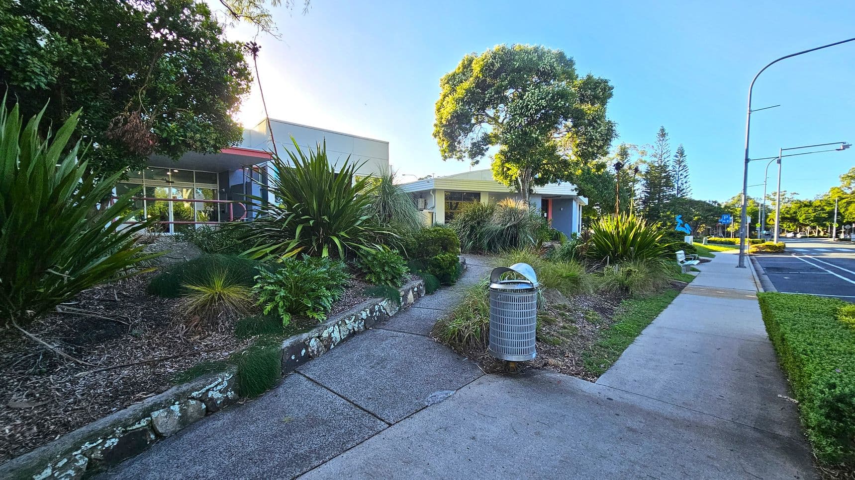 A pathway leads through a landscaped area with dense greenery and shrubs on the left. A building with large windows is partially visible behind the plants. On the right, a concrete footpath runs alongside a road with a parking area. A metal rubbish bin and a white bench are positioned near the path. Tall trees and streetlights are visible in the background, with a clear blue sky above.
