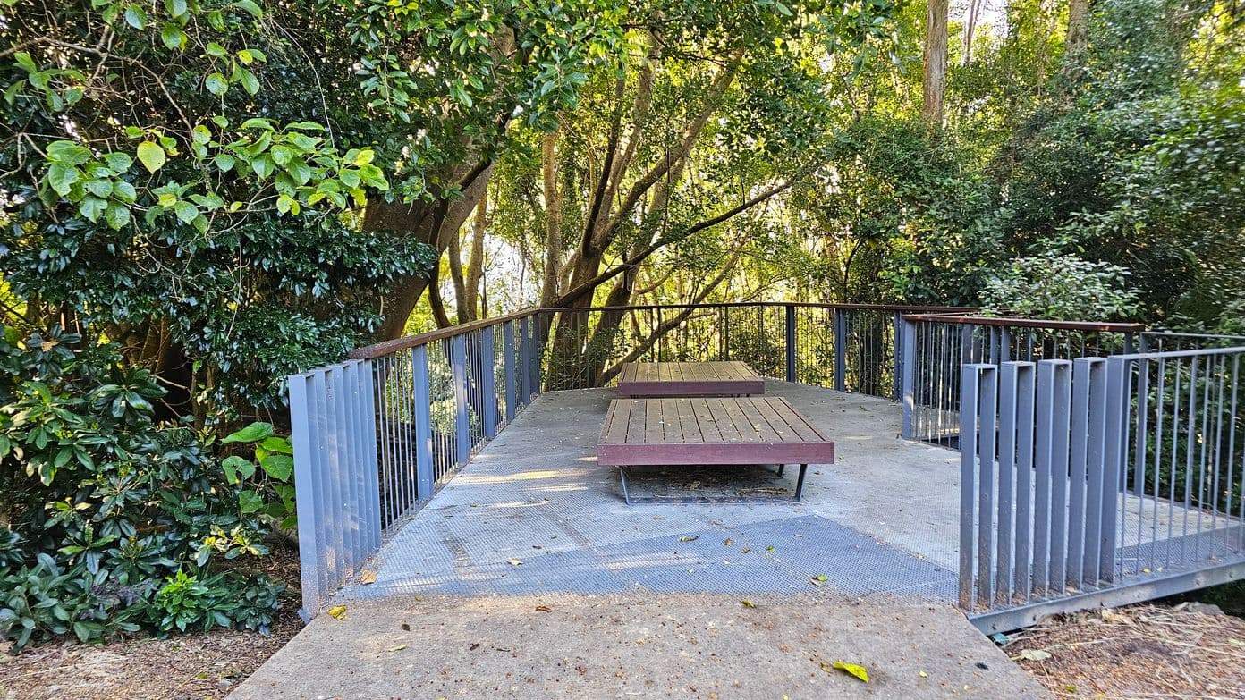 A viewing platform surrounded by dense greenery. The platform has metal railings on the sides and two wooden benches in the centre. The floor is made of metal grating, and there are scattered leaves on it. Tall trees with lush foliage are visible in the background, creating a natural canopy. The area is shaded, with sunlight filtering through the leaves.