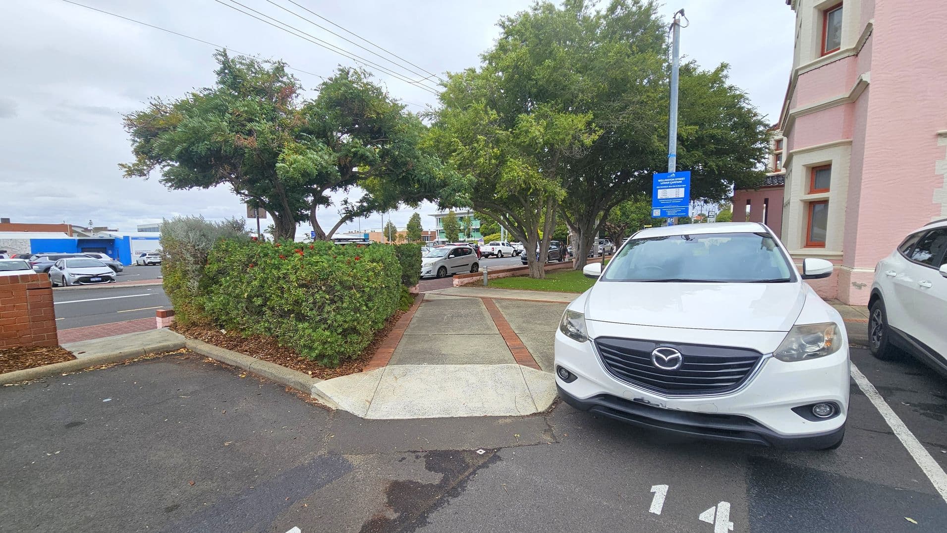 A white Mazda car is parked on the right side of a paved area, with a parking space marked "14". A pink building with windows is adjacent to the car. On the left, there is a hedge and a tree, with a brick wall partially visible. In the background, more cars are parked along a street, and a blue building is visible. A signpost with a blue sign is near the car. The ground is asphalt with some leaves scattered around.
