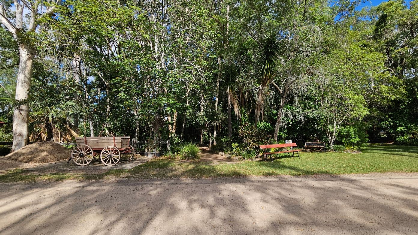A dirt path runs across the foreground, casting shadows from the surrounding trees. On the left, a wooden cart with large wheels is positioned near a mound of earth. In the centre, dense greenery and trees create a lush backdrop. To the right, a red bench sits on a grassy area, with more trees and foliage behind it. The scene is filled with natural elements, providing a serene, wooded setting.