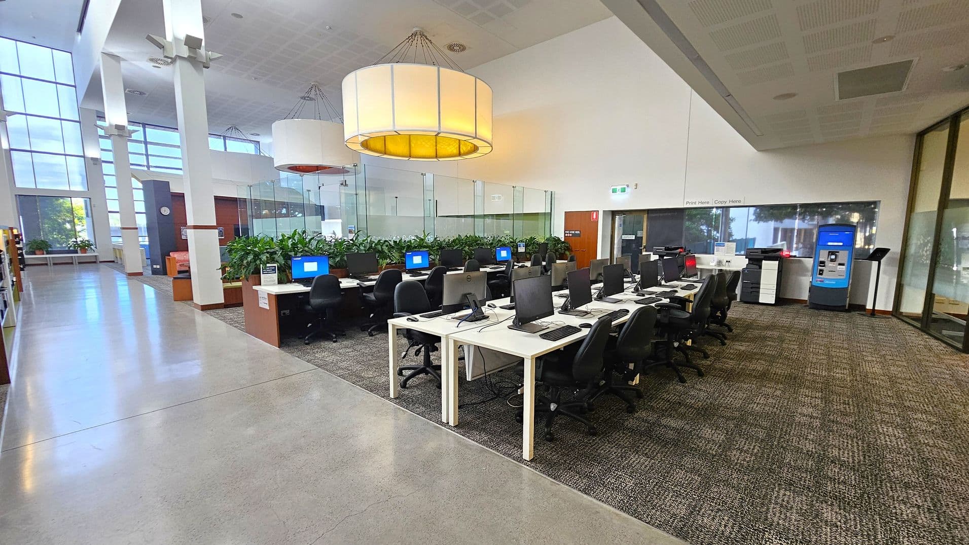 A spacious library interior with a high ceiling and large windows on the left, allowing natural light to flood in. On the right, there are rows of desks with computers and black chairs on a carpeted floor. In the background, a blue self-service machine and printers are visible. The area is decorated with green plants, and a large circular light fixture hangs from the ceiling. The floor is a mix of polished concrete and carpet.