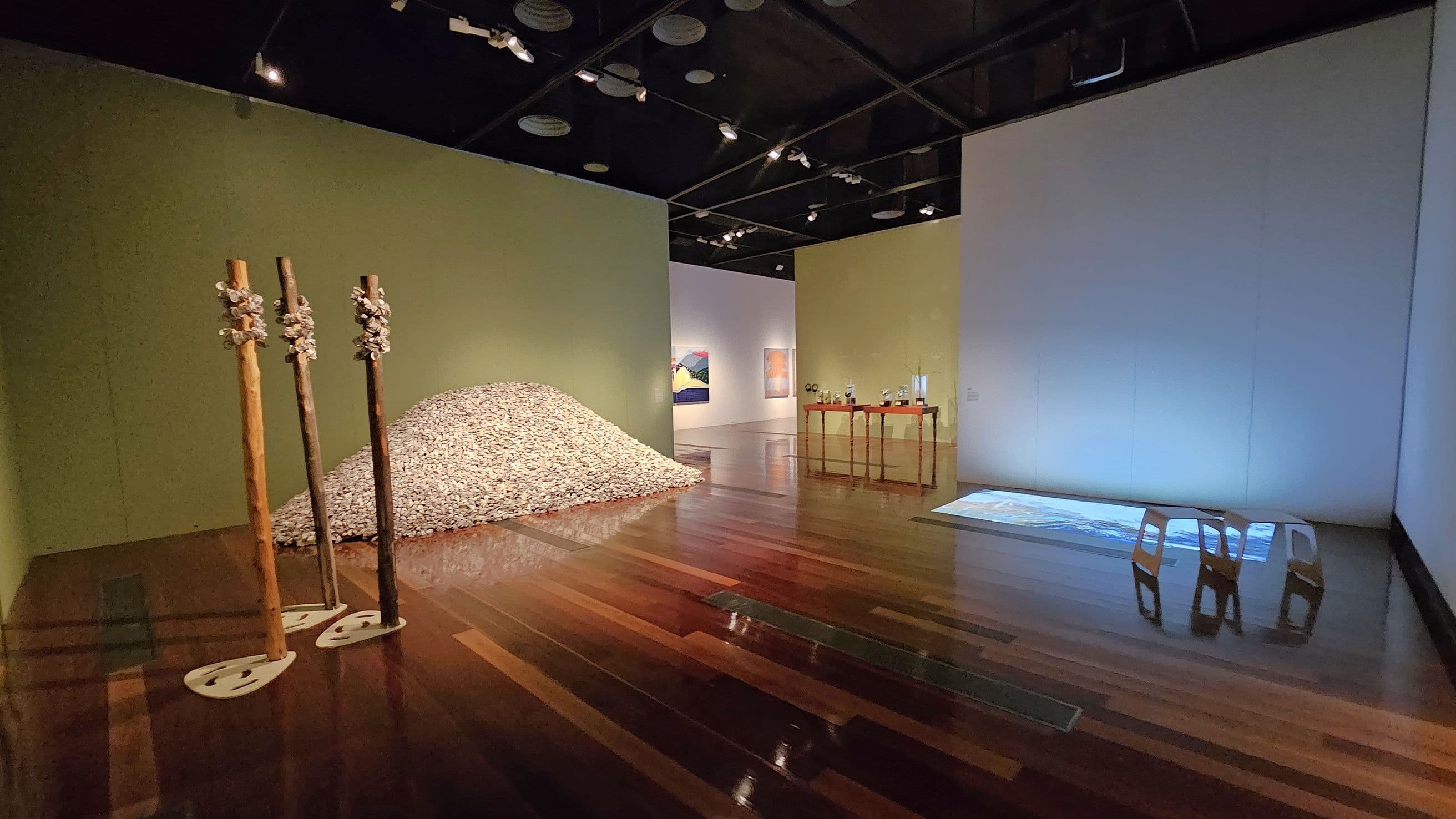 A gallery space with a polished wooden floor and a dark ceiling with spotlights. On the left, three wooden poles with clusters of shells are mounted on white bases. A large mound of shells is piled against a green wall. In the centre, a wooden table displays various small objects. On the right, a projection on the floor is accompanied by three wooden chairs. In the background, paintings are visible on a white wall.