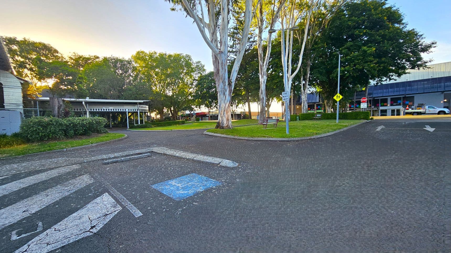 A paved area with a zebra crossing and a blue disabled parking symbol in the foreground. On the left, there's a building with a covered entrance and greenery. In the centre, tall trees with white bark stand on a grassy area with a bench. A "One Way" sign is visible. On the right, a road with directional arrows leads to a building with colourful decorations and a parked vehicle. The background is filled with more trees and a clear sky.