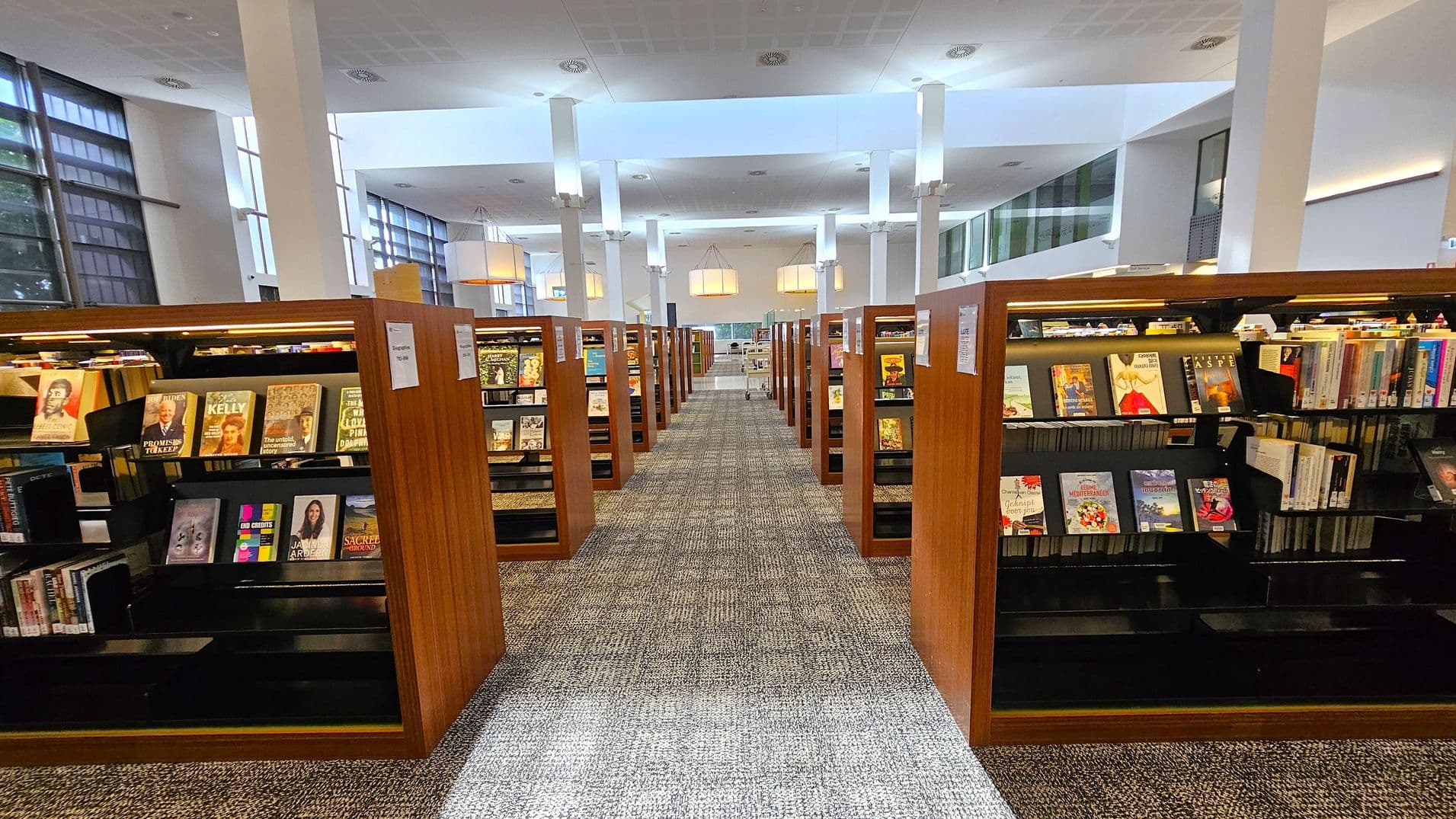 A library interior with rows of wooden bookshelves filled with books and DVDs. The shelves are arranged in parallel lines, creating aisles. The floor is carpeted in a patterned design. Large windows on the left allow natural light to enter, while the ceiling is high with modern light fixtures hanging down. In the background, there are tables and chairs for reading or studying.