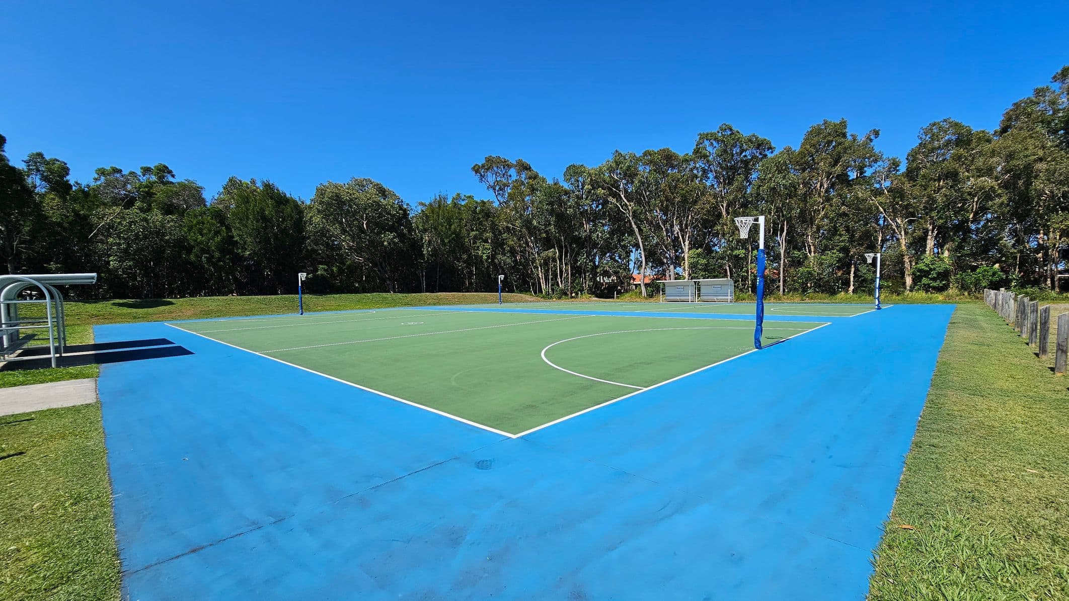 A netball court with a green playing area and a wide blue border. On the left, there's a covered bench area with a metal frame. The right side has a grassy edge with wooden posts. In the background, a line of tall trees provides a natural backdrop. The court has two netball hoops, one on each end.