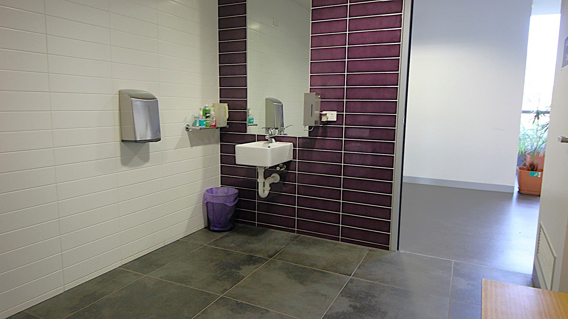 On the left side of the door of the accessible bathroom is another purple-tiled wall where a mirror, a wash basin, and an automatic liquid soap dispenser can be seen. Mounted on the left white-painted wall near the wash basin is a hand dryer, an overhang for plastic hygiene containers, and a rubbish bin with a purple garbage bag.