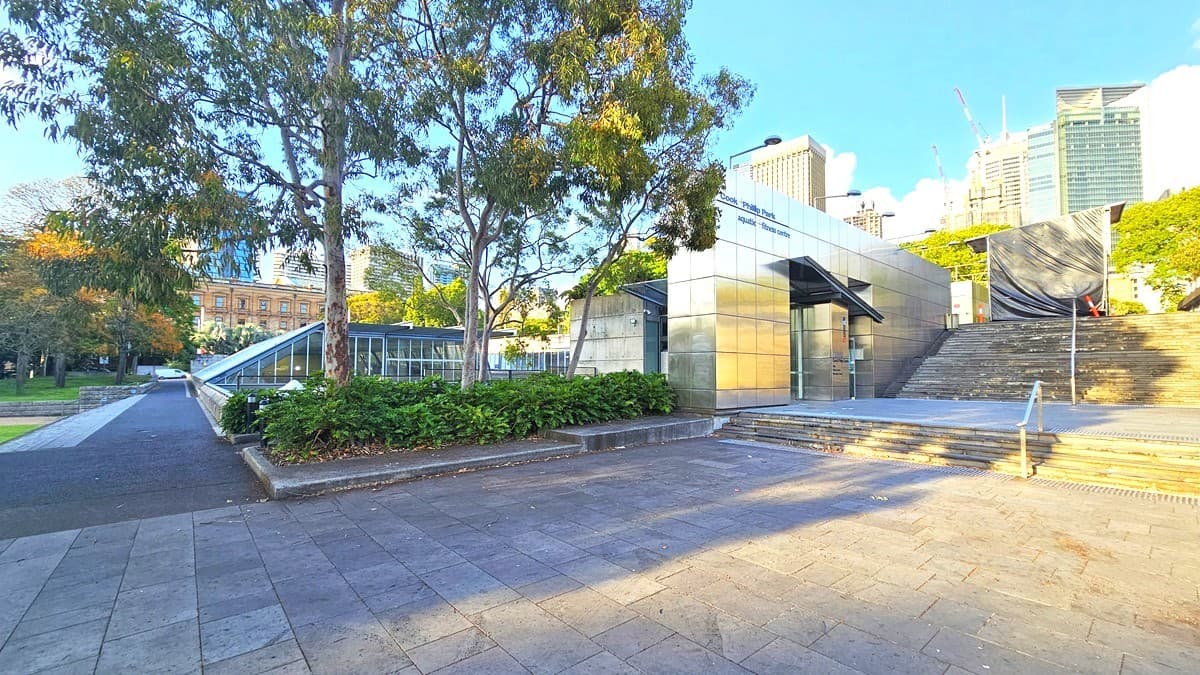 In the middle is the facility building with silver walls. On the right, there are steps with a single handrail, leading to another set of steps for the upper level. On top of the upper stairs is a black shade cloth covering a section. Landscape ornamental plants and trees fill the plant box on the left. Tall trees and commercial buildings, including the Sydney Eye Tower, are visible. A bitumen path leads to the left.