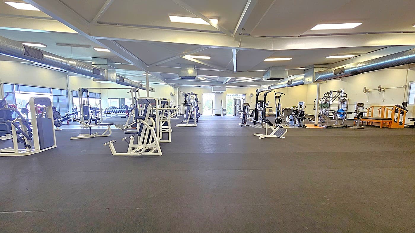 Inside the spacious Gymnasium. The flooring is uniformly covered with black vinyl throughout the surface. Overhead, fluorescent lights are installed in the ceiling. Throughout the facility, workout machines and equipment are in a distinctive black-and-white color scheme. Moving further to the right, there's a bench next to a small wooden stepped bridge.
