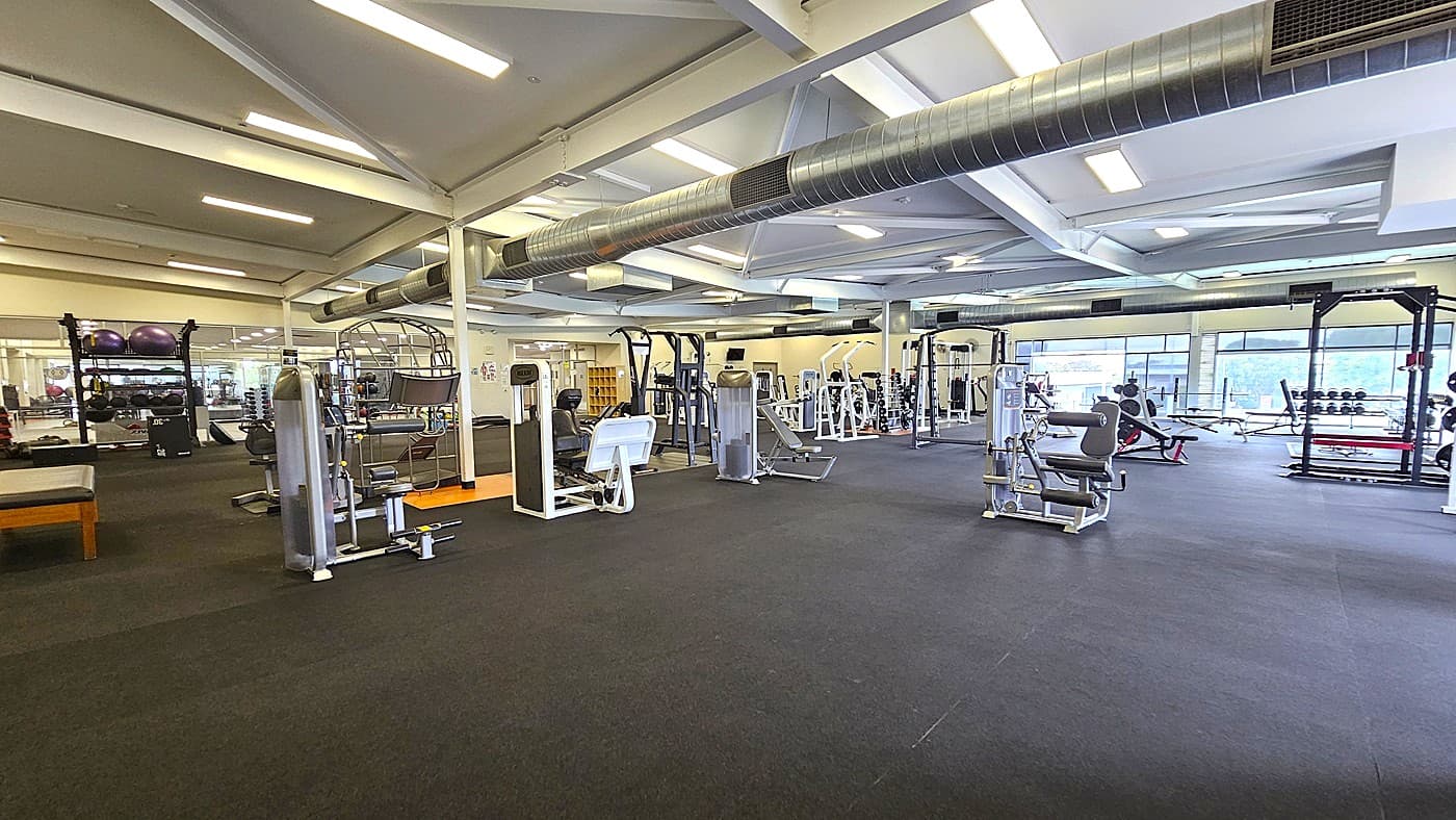 Centre view inside the expansive Gymnasium. Various gym equipment, including seated dip machines, chest fly machines, bench presses, adjustable benches, and more, are accessible. Moving to the left, there are two large violet exercise balls positioned atop smaller black exercise balls.