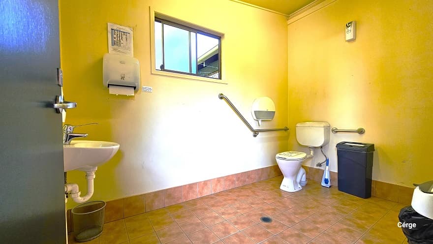 Inside the accessible bathroom in Dayboro Pool and Gym. It has brown floor tile with a faded effect and a white painted wall. The bathroom has a wash basin, two tissue dispensers, grab bars, a toilet brush, and a black garbage bin. On the upper left wall is a glass window for illumination and air circulation.