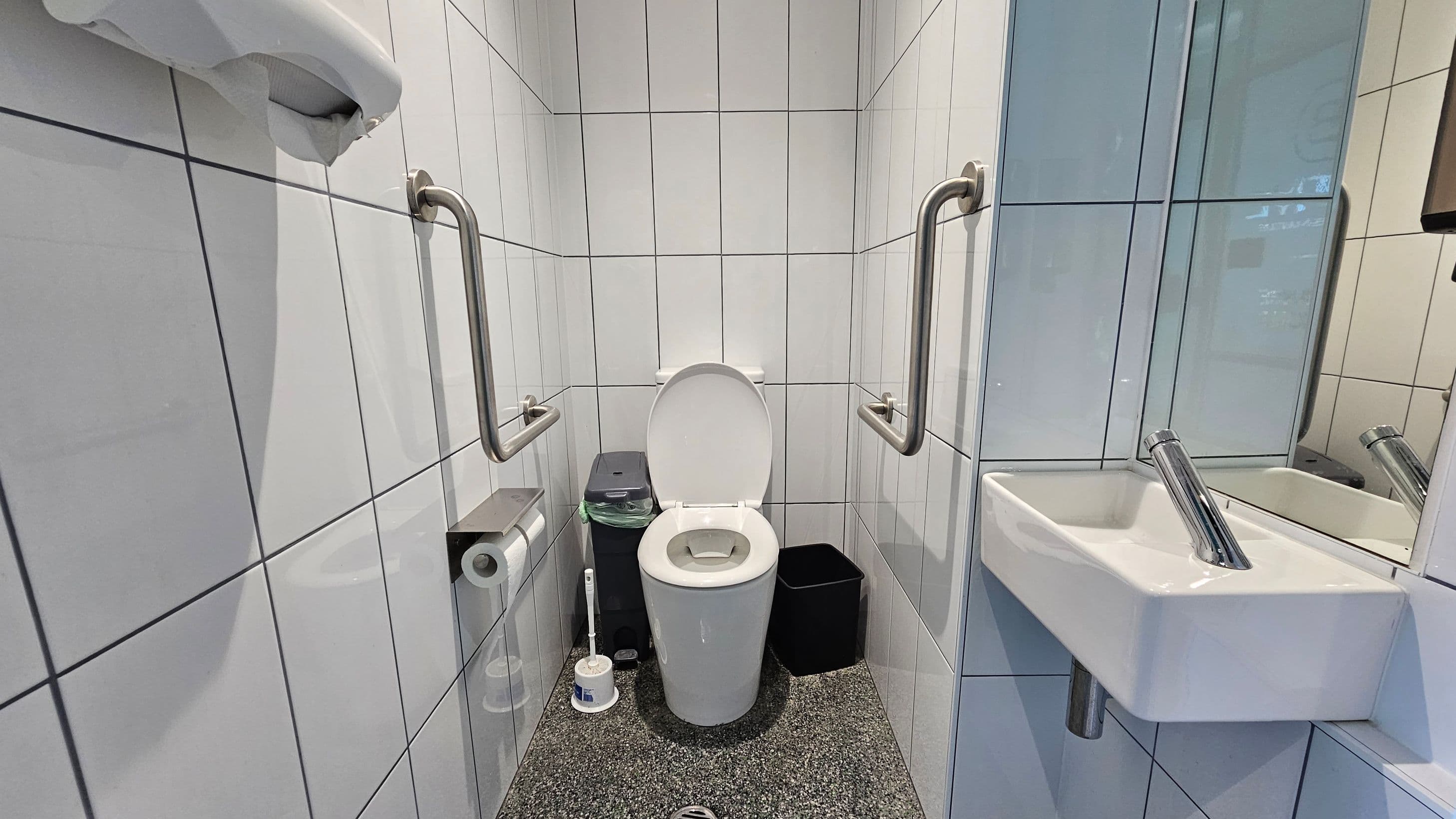 A small bathroom with white tiled walls and a speckled floor. In the centre, a toilet with the lid open is flanked by two metal grab bars. To the left, a toilet paper holder and a sanitary bin are visible. On the right, a small white sink with a modern tap is mounted on the wall, accompanied by a mirror. A paper towel dispenser is partially visible on the left wall.