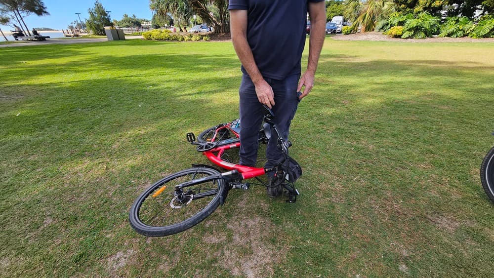 On the left, a red electric bike lies on its side on a grassy area. In the middle, a person wearing a dark blue shirt and trousers is standing, holding the bike's handlebars. On the right, more grass and part of another bicycle wheel are visible. The background includes a grassy park area with trees, bushes, and some parked cars.