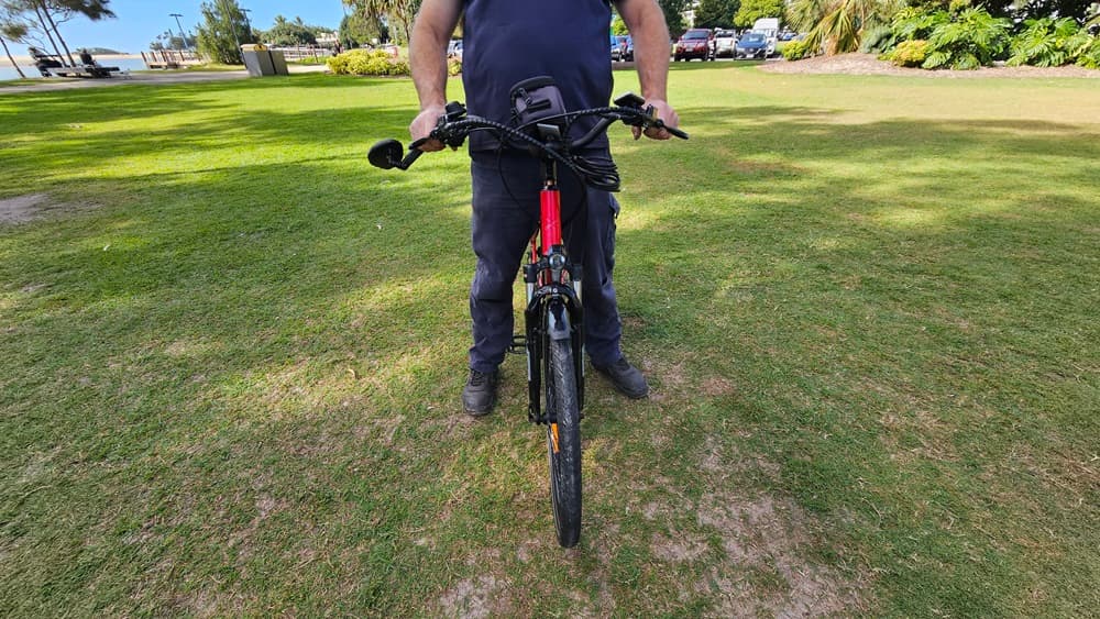 On the left, a grassy area with a few scattered trees and a distant pathway. In the middle, a person wearing a dark blue shirt and trousers is holding the handlebars of a red and black electric bike, standing on grass. On the right, more grass, trees, and a few parked cars are visible. The background includes a grassy park area with trees and bushes.