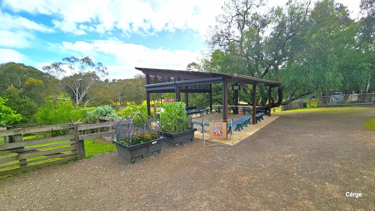 A space with gravel paths. On the left, there's a timber and steel shed with green bench chairs beneath it. To the right is a farm enclosed by a concrete and metal fence. Two plant boxes, one with seedlings and the other with flowering bushes, are beside the shade. A sign is positioned on the side.