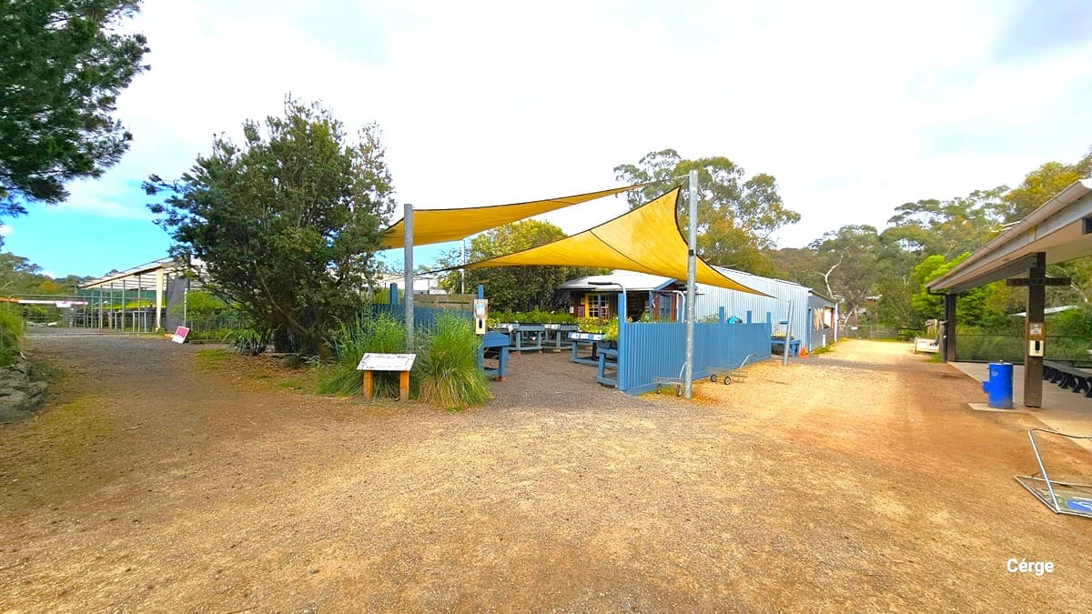 In the center is the nursery, surrounded by a blue fence. Overhead, a yellow shade cloth provides shade for the seating area. To the right, a signage indicating accessible bathrooms is present. On the left, a gravel pathway leads to the propagation shed with signage. To the right, a dirt road leads to a grey building.