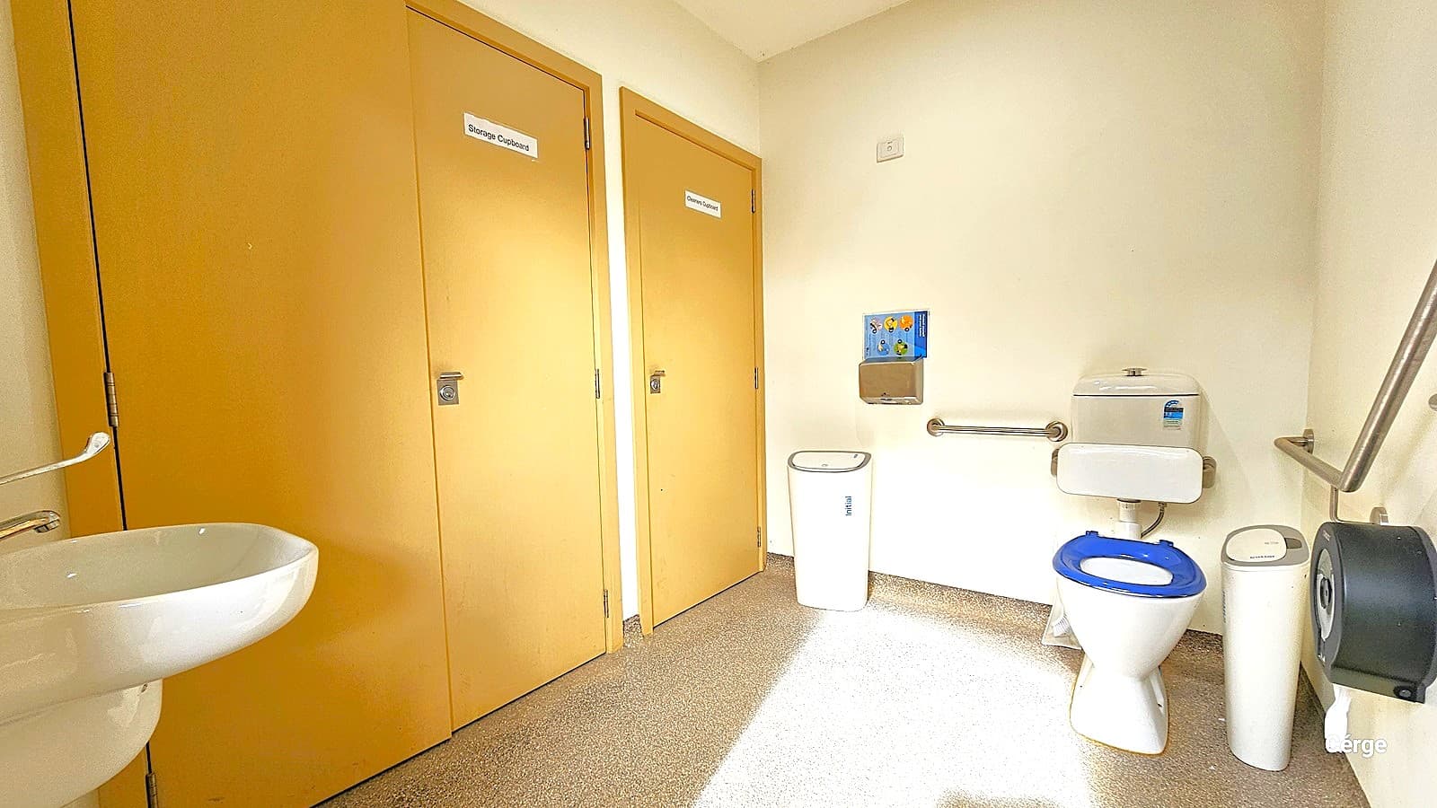 Within the accessible bathroom, brown storage cupboards are fixed to the left wall, accompanied by a wash basin. To the right, an ambulant toilet with handrails is present, flanked by white rubbish bins, a tissue dispenser, and a hand dryer. The floor is adorned with granite design tiles, and the walls and ceiling are painted white.