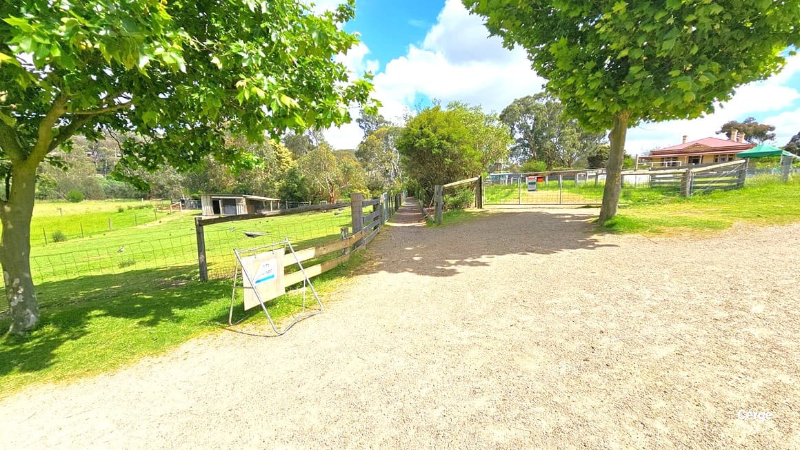Along a lengthy gravel path, bordered by trees and shrubs on the South Ridge, lies the route to the "Dam Shelter." A fence and trees enclose the pathway, and to the far right stands a cream building with a red roof. Grassy areas surround the place.