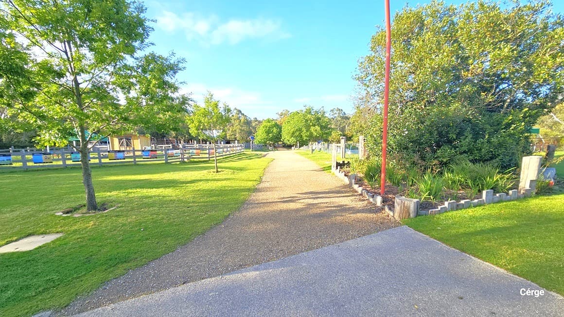 A gravel pathway with green grass and two trees on the left. On the right of the path are gardens and trees and a red pole.