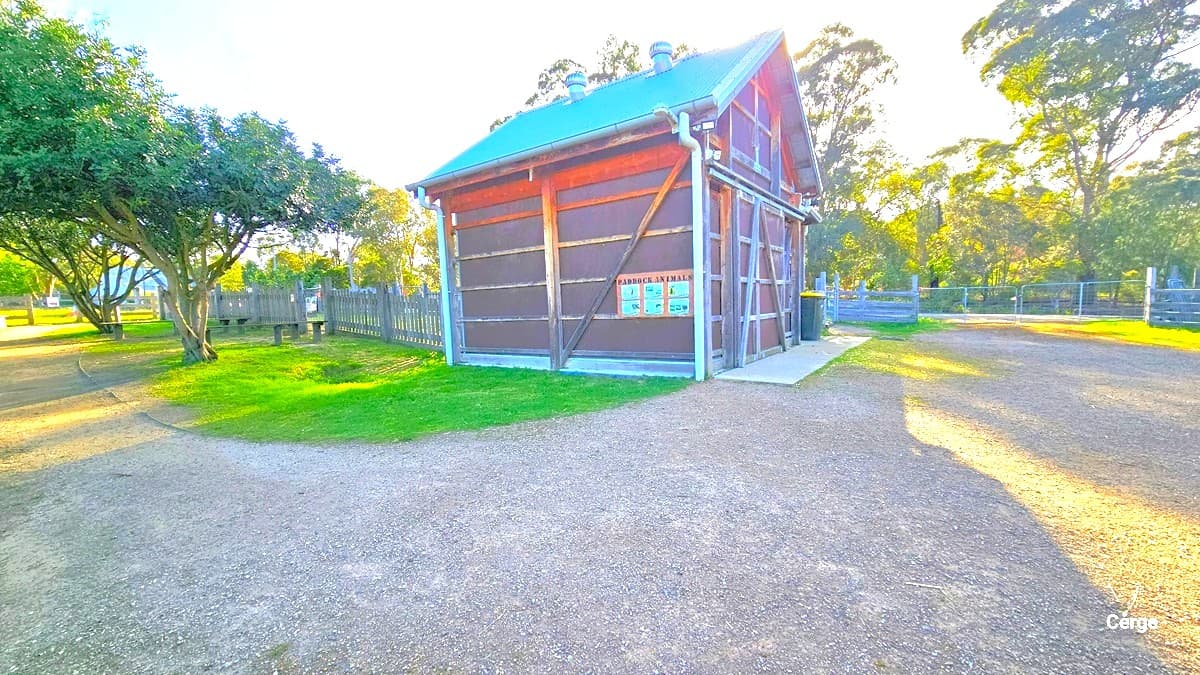 Located at the pathway corner is a brown rust colour painted paddock with signage reading "Paddock Animals" on the wall. Two industrial wind-powered fans are installed on the roof. The left path features tall trees, a wooden fence, and a grassy area. The right path leads to an open gravel section, and further ahead is a fenced area.