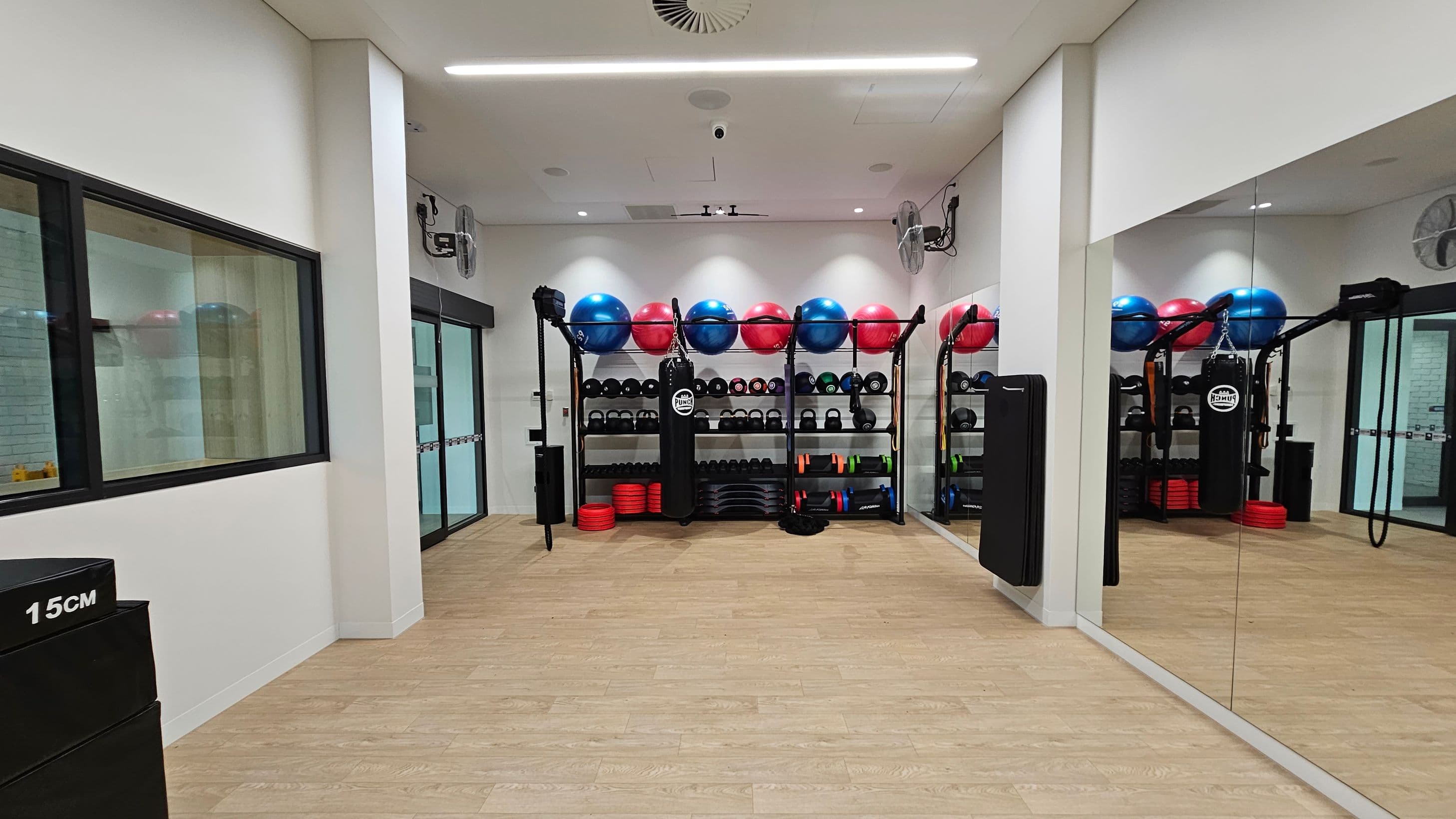 A gym room with light wooden flooring and white walls. On the left, there are large windows with black frames. In the centre, a rack holds blue and red exercise balls, weights, and a punching bag. On the right, a large mirror reflects the room's contents. The ceiling has recessed lighting and ventilation.