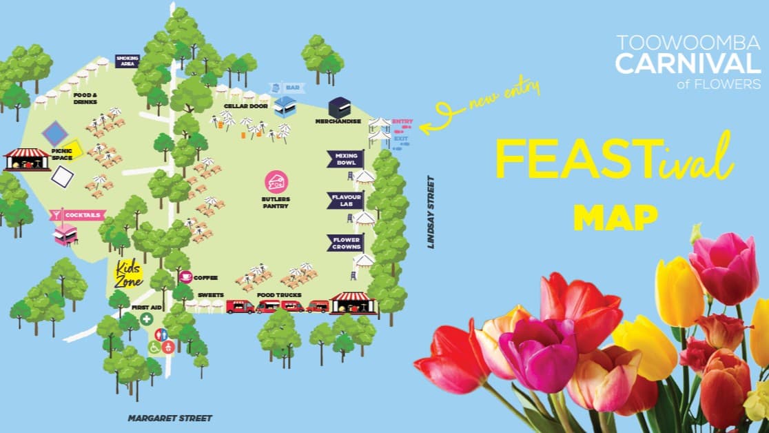 A colourful map of the Toowoomba Carnival of Flowers FEASTival. On the left, there are areas marked for picnic space, food and drinks, and a kids zone. The centre features Butler's Pantry and seating areas. On the right, there are sections for Cellar Door, Mixing Bowl, Flavour Lab, and Flower Crowns. Food trucks and sweets are located at the bottom. Trees are scattered throughout, and the map is bordered by Margaret Street and Lindsay Street. Bright tulips are in the foreground.