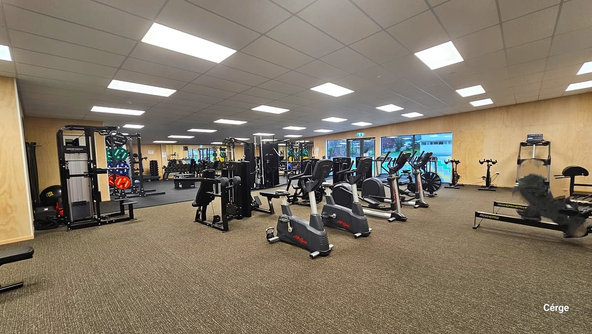 The floor surface of the gymnasium at Gallagher Recreation Centre changes from brown carpet tiles to black gym mats towards the back. To the left corner is a black functional trainer with a pull-up bar and cables, while in the middle are black upright bikes. Near the exit glass door to the right are treadmills, while on the black gym mats is the space for dumbbell exercises.