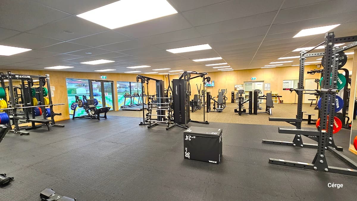 Functional trainers with yellow, blue, and green plates on the side rack for lifting. Illumination is provided by the large cubic blocks of artificial lighting in the white ceiling. The residential houses can be seen through the upper part of the glass exit doors. The gymnasium has brown wooden walls. Near the white-framed glass entrance doors is a small TV mounted on the wall. A digital clock can be seen on the glass window next to an off-white painted door.