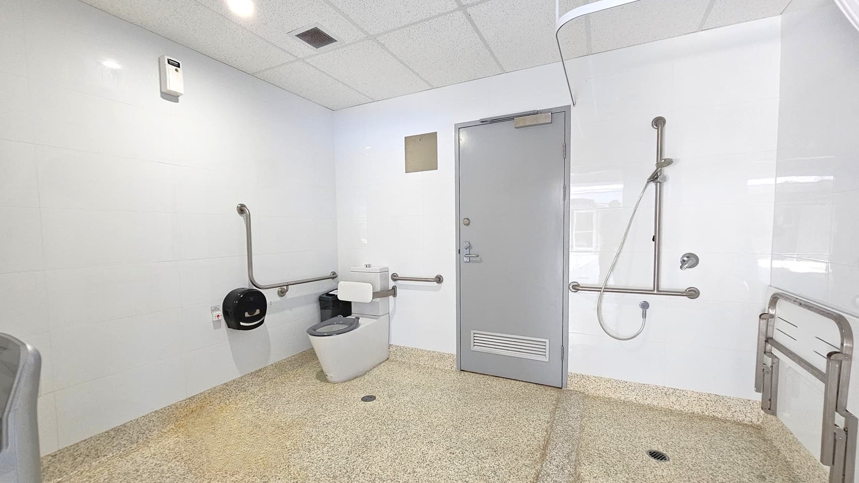 A spacious, accessible bathroom with white walls and a speckled floor. On the left, a toilet with support rails and a large toilet paper dispenser. In the centre, a grey door with a vent at the bottom. On the right, a shower area with a handheld showerhead and additional support rails. A foldable seat is mounted on the wall. The ceiling has recessed lighting and a vent.